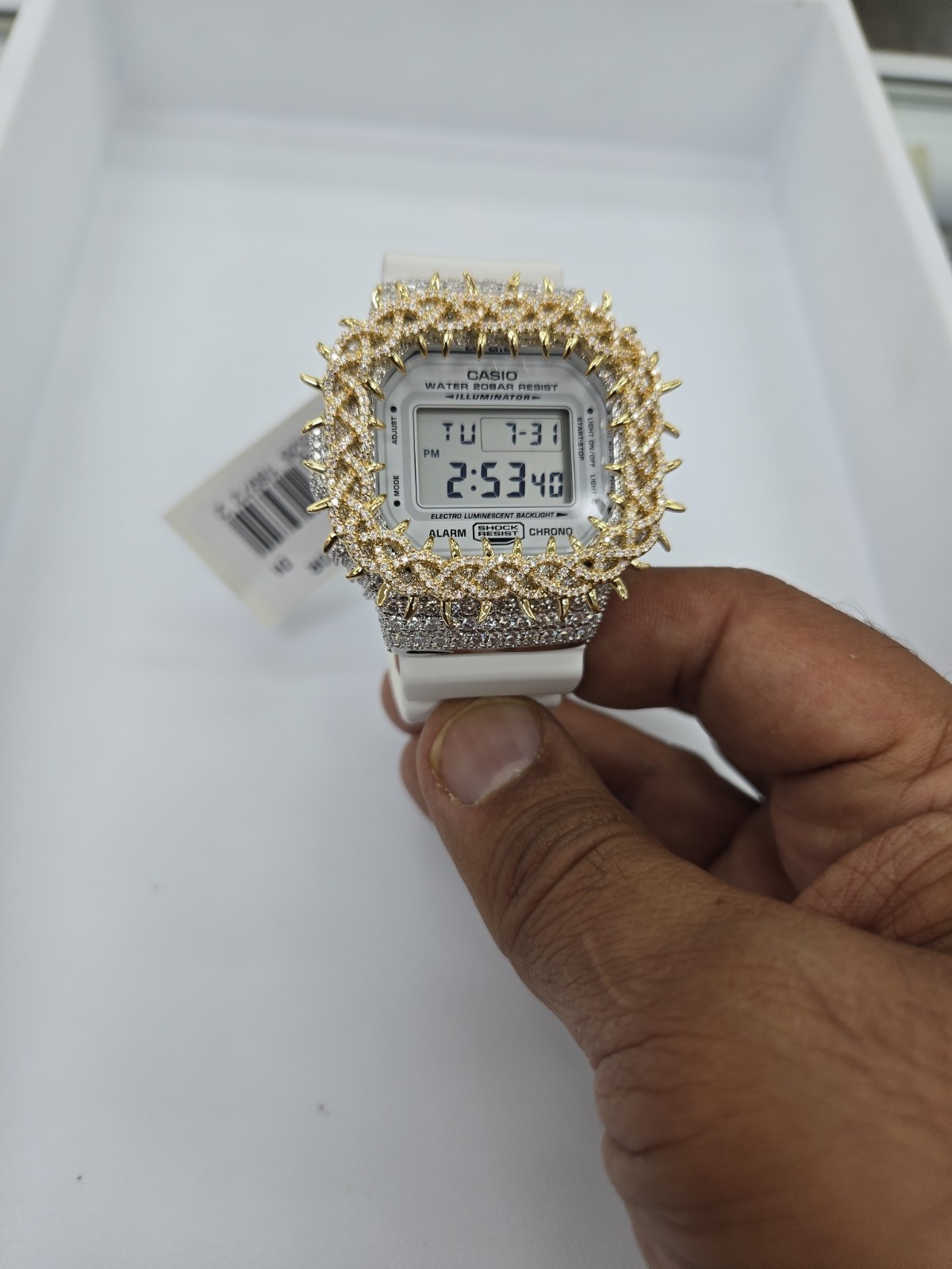 Moissanite G Shock Watch by Casio 5600 Model White Band 2 Ton Gold Color Bezel