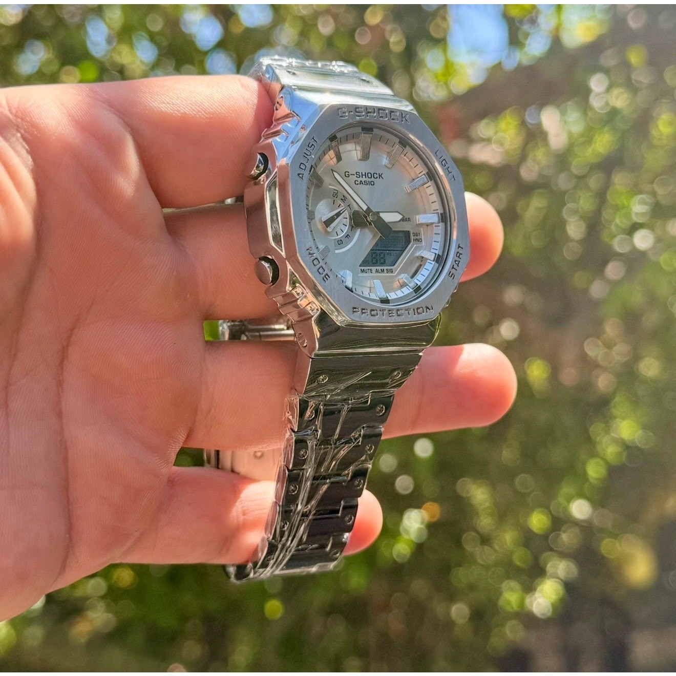 Casio G-Shock GM2110D-7A Full Stainless Steel Silver Dial Watch w/ Box & Case