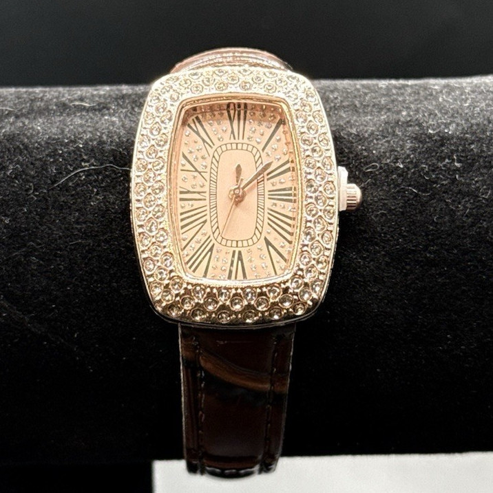 quartz Women’s Gold-Tone Cushion Case Roman Numeral Dial Watch Brown Leather
