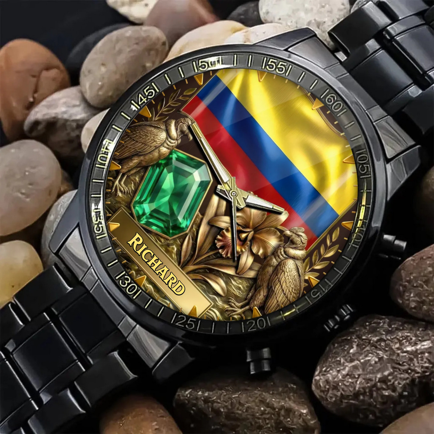 Custom Colombian Heritage Watch with Personalized Emerald, Orchid, and Andean Co