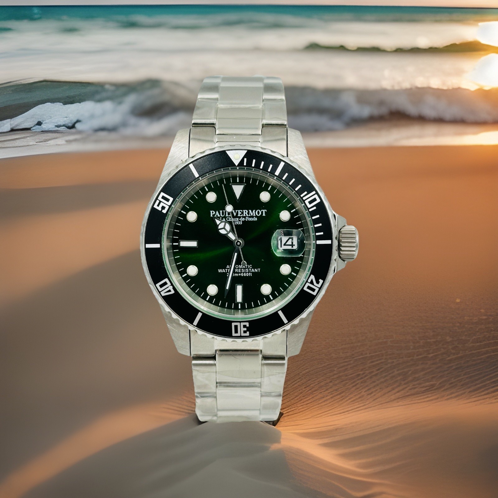 Paul Vermot SUB 200 m Automatic Watch Seiko PV6763VK/438 Green Dial Silver Case