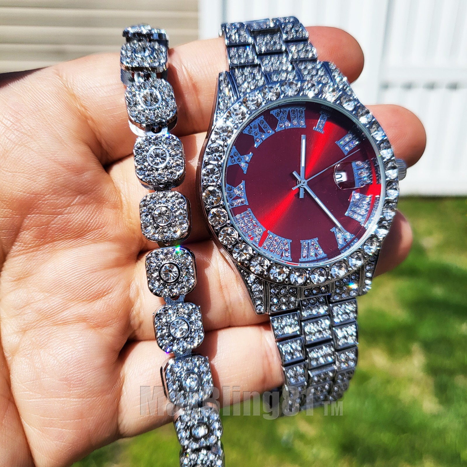 SILVER PLATED LUXURY BLING METAL BAND WATCH & ICED HIP HOP CZ CHAIN BRACELET SET