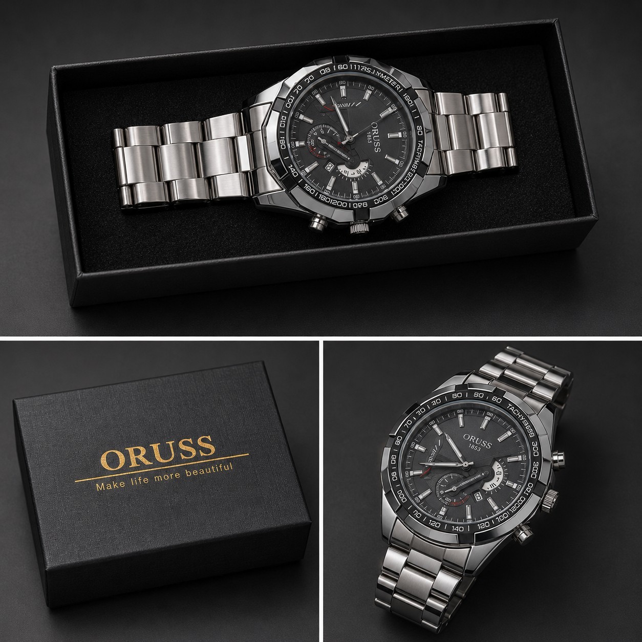 Oruss 1853 luxury men’s watch featuring a stainless steel band
