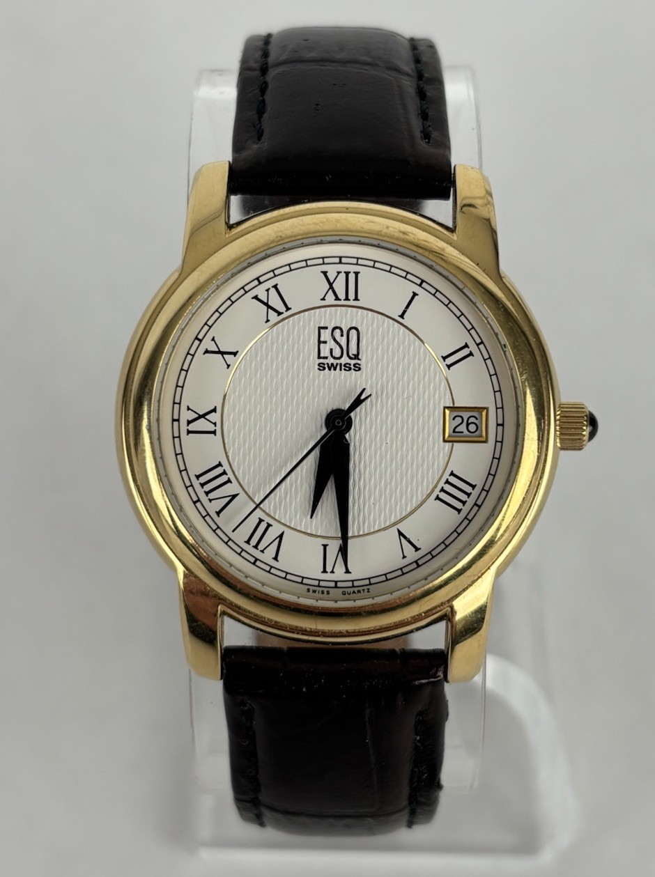 ESQ 36mm Gold Tone Quartz Date Watch w/Black Leather Band & New Battery