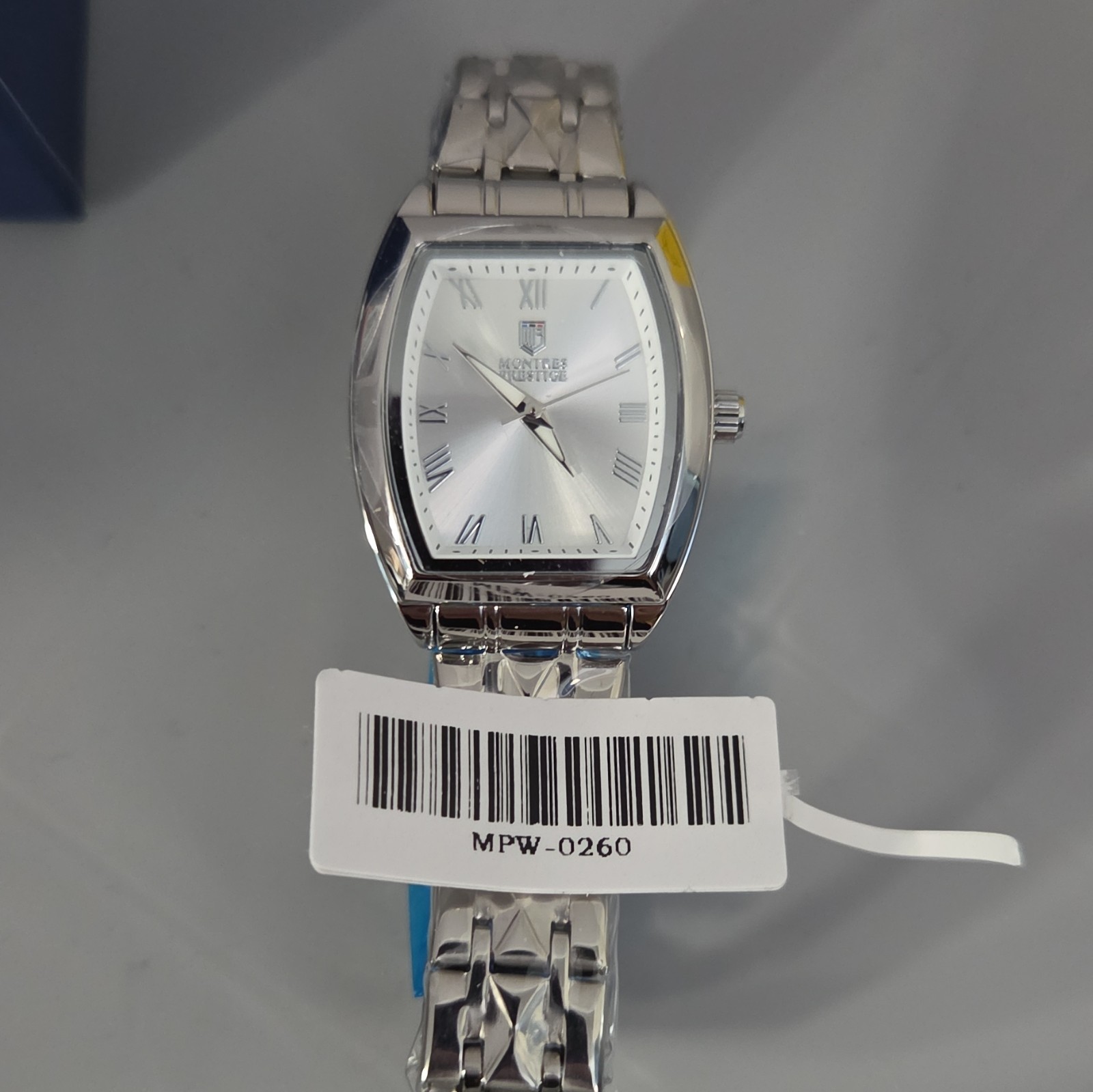 Montres Prestige Women’s 27mm Tonneau Quartz SS Bracelet White Roman Dial