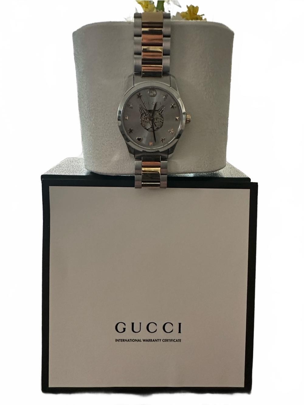 Gucci Silver and Rose Gold Cat Dial Watch