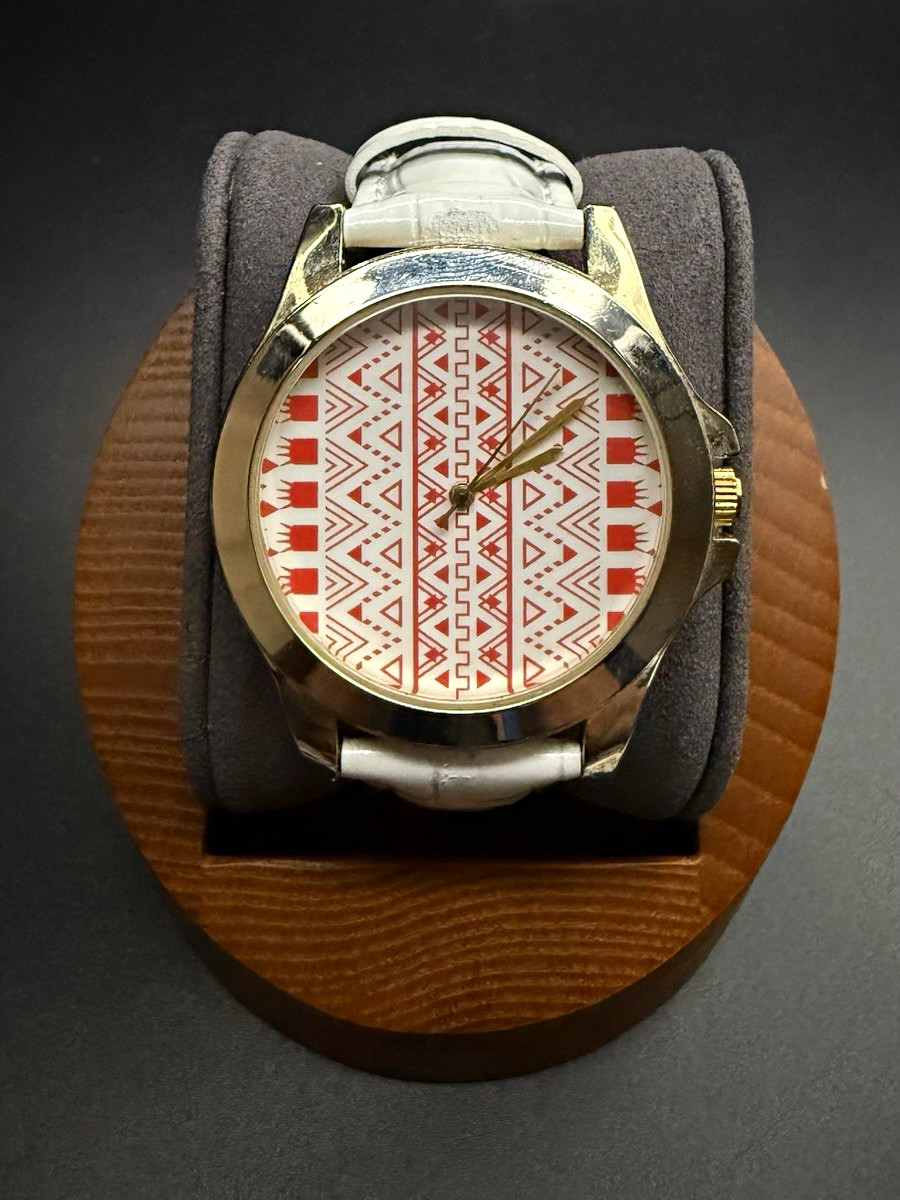 Accutime Unisex Watch White Leather Strap Red/White Geometric Dial Gold Case