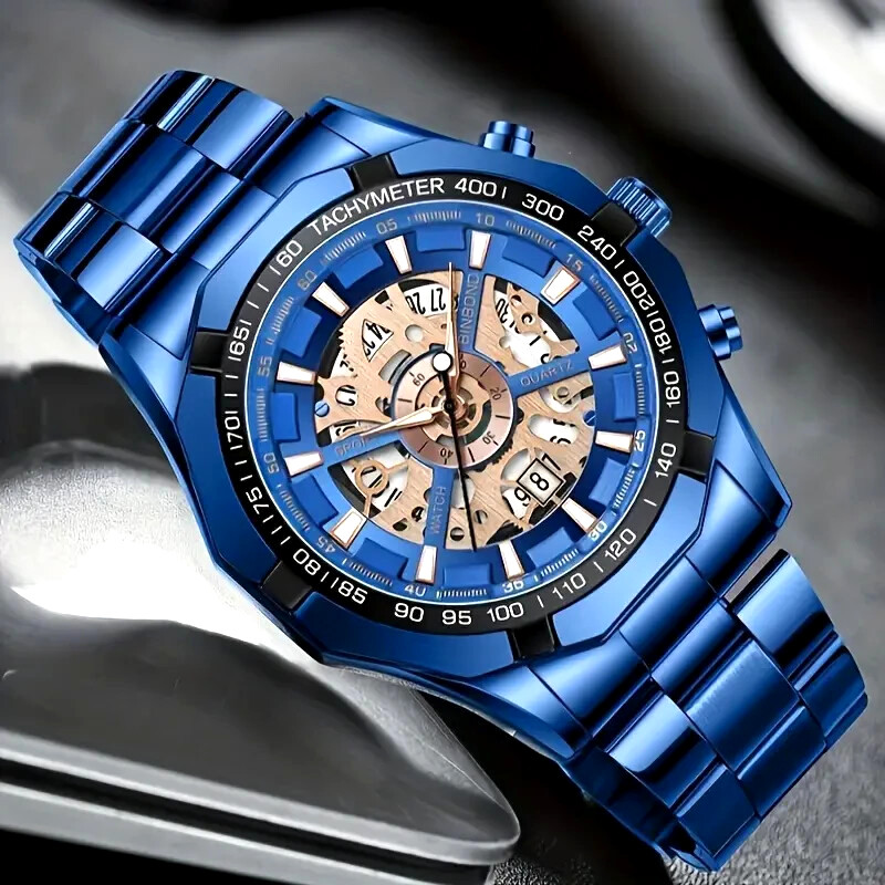 Blue Round Stainless Steel Sports Chronograph Watch Electronic Quartz Movement