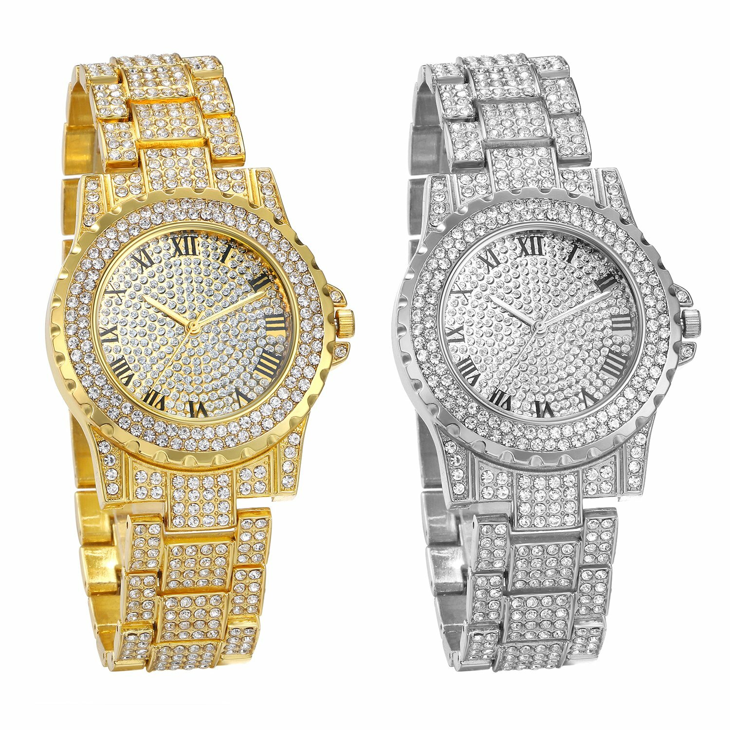 Mens Luxury Round Full Rhinestone Dial Roman Numberals Quartz Analog Wrist Watch