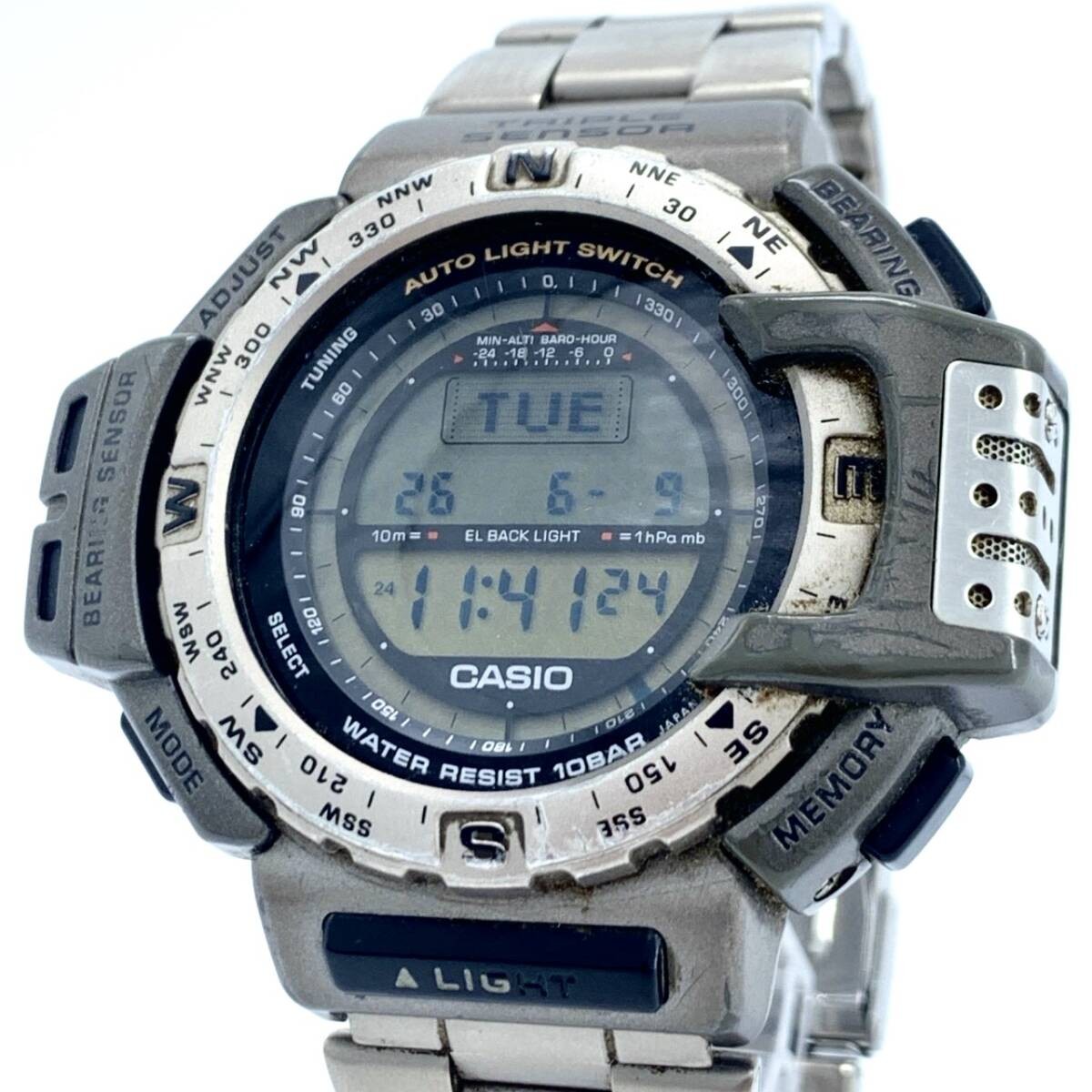CASIO PRO TREK PRT 411 Quartz Digital Triple Sensor Backlight Titanium Men’s Wat