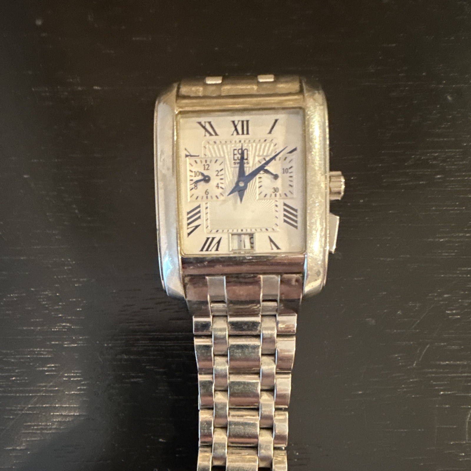 ESQ Swiss Men’s Quartz Chronograph Date Rectangular White Dial Roman Bracelet