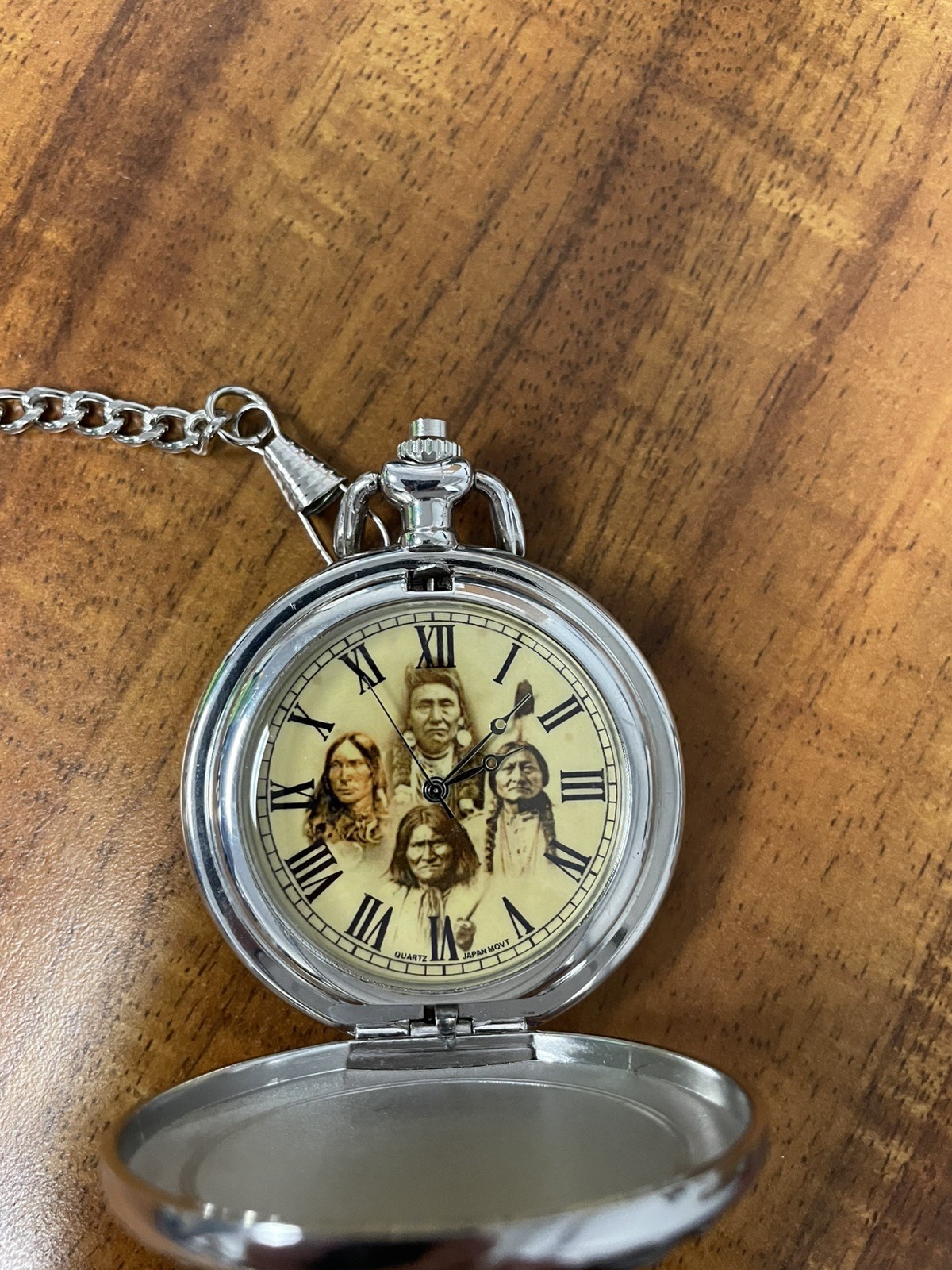 NATIVE AMERICAN THEME THUNDERBIRD POCKET WATCH RUNS “FOUNDING FATHERS” w/CHAIN