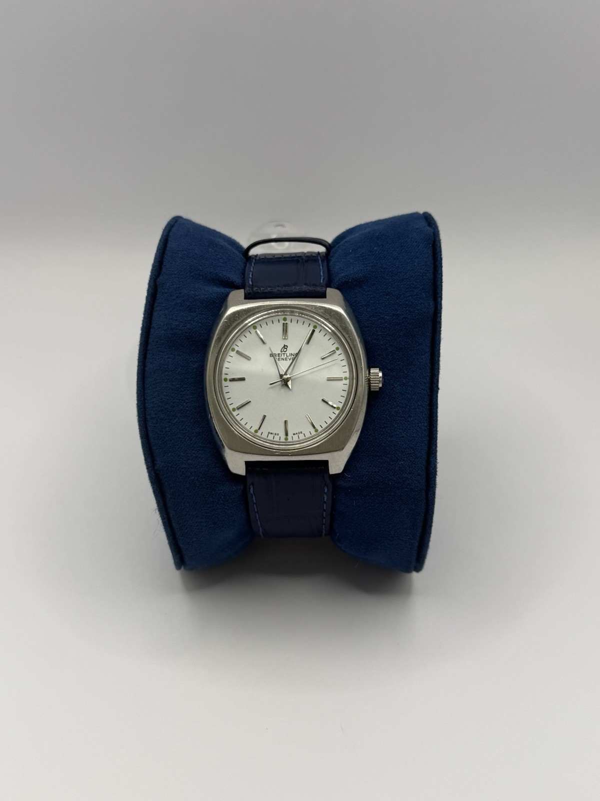 Breitling Geneve Men’s Vintage Manual Wind Silver Dial 35mm Steel Blue Leather