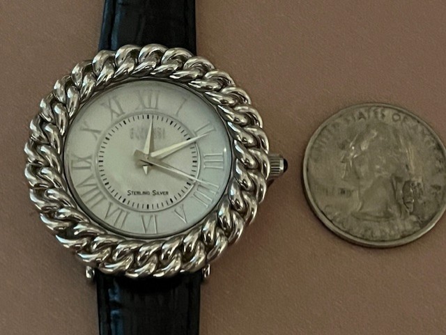 Ecclissi Sterling Silver Watch with Black Leather Band Mother of Pearl Face