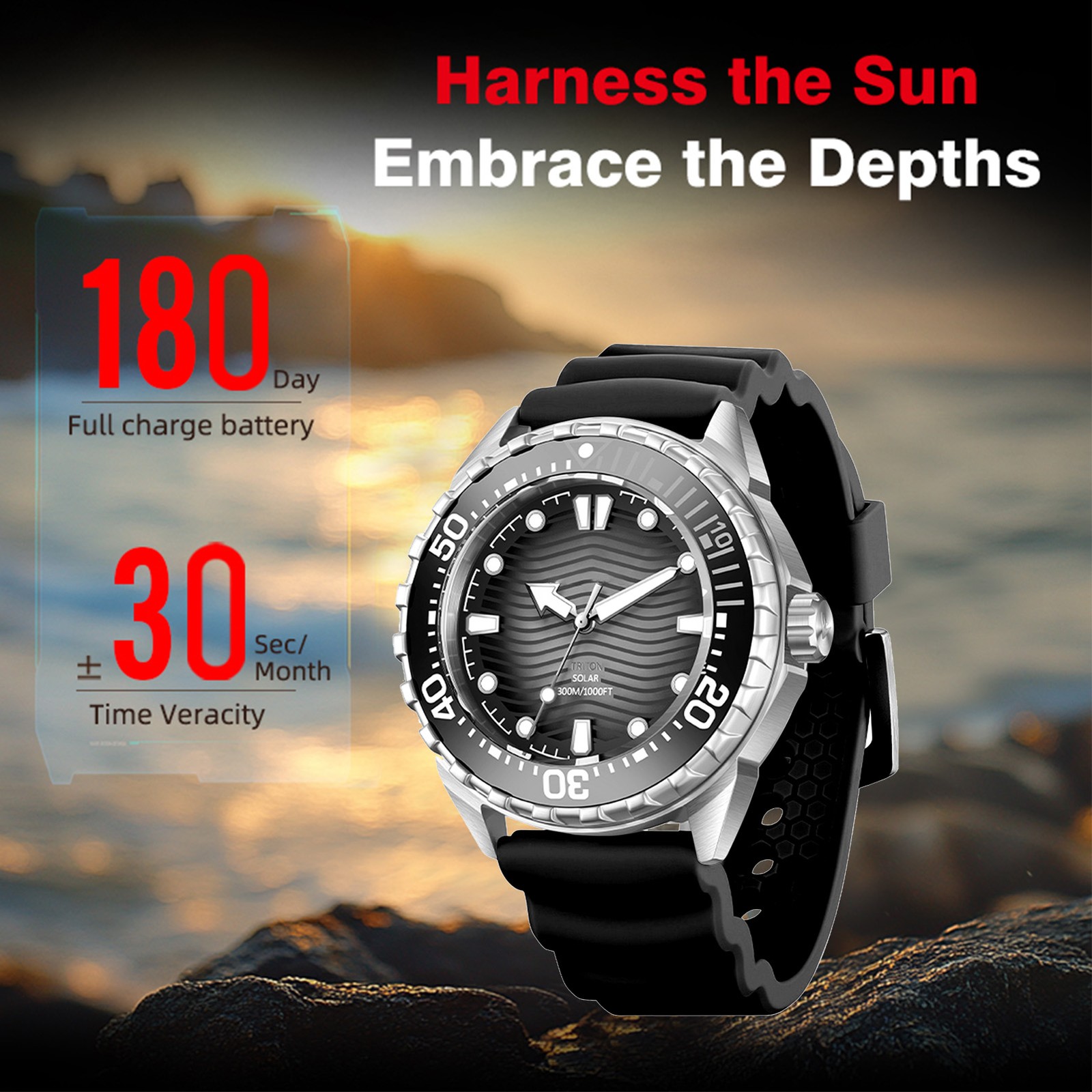 Solar Powered Quartz Dive Watch Night Glow 300M Rainproof For Men Women New