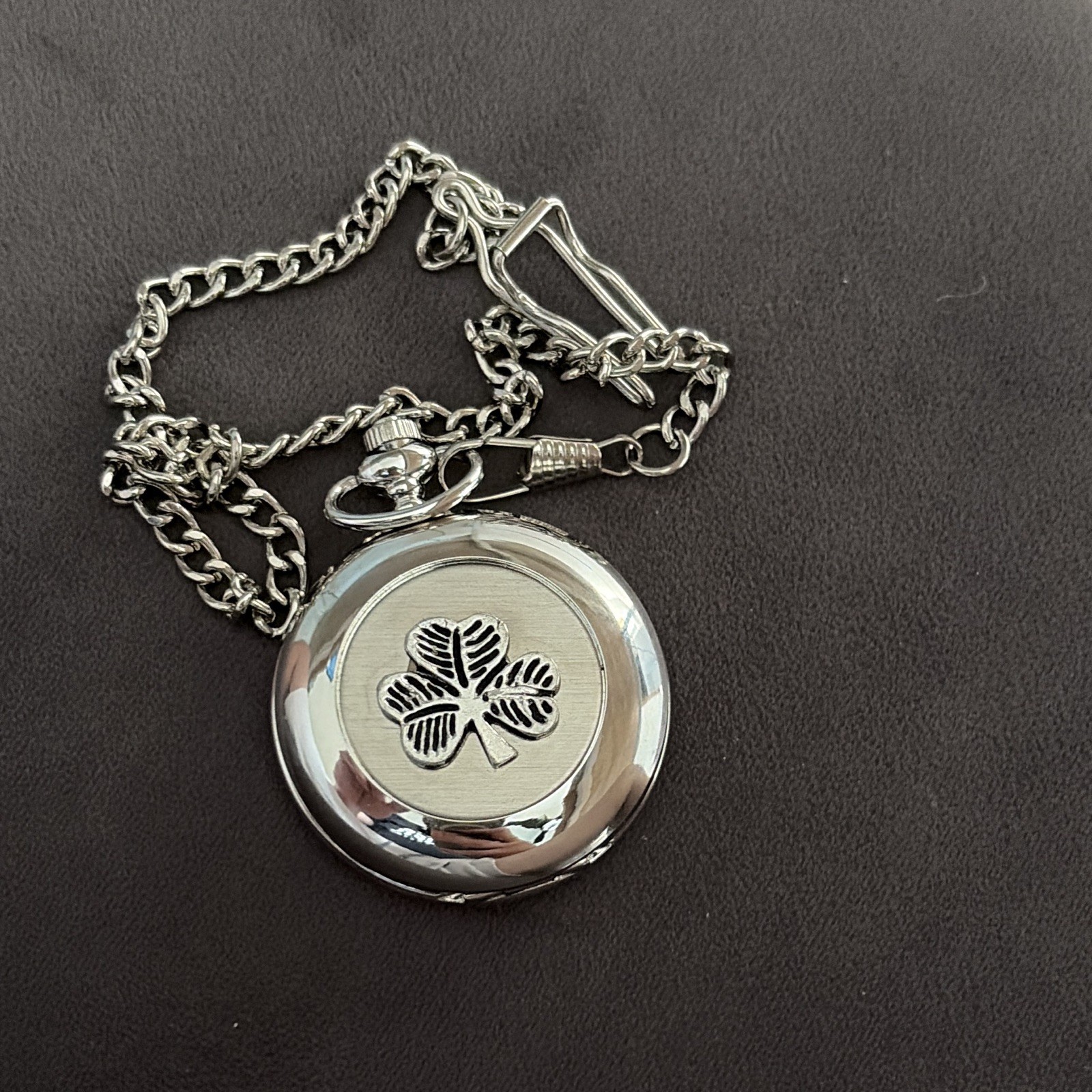 Mullingar Pewter Quartz Full Hunter Shamrock Pocket Watch w/ Chain Silver
