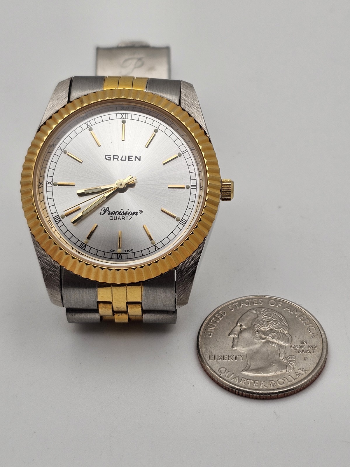 Vintage 1996 Gruen PRESIDENTIAL 3 Hand Men Quartz Watch Fluted Jubilee Twotone🔥