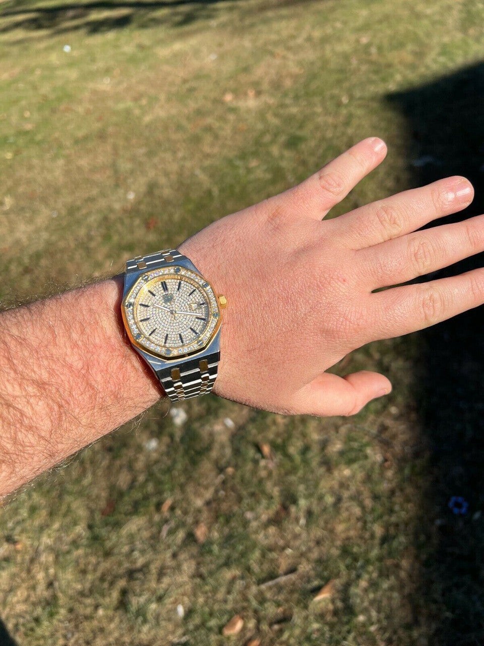 Mens Gold Watch Iced Automatic Skeleton Back Gold 44mm Moissanite Stone Bezel