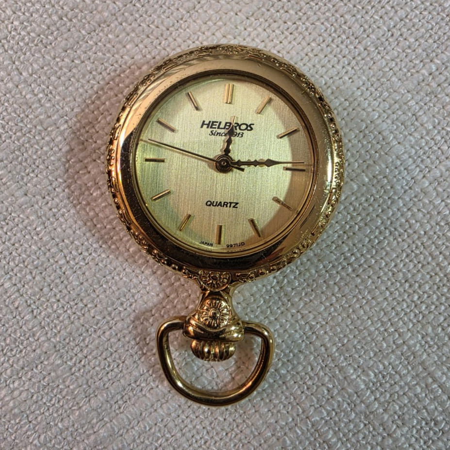 Helbros Quartz Pocket Watch Gold Tone Open Face Gold Dial Stick Indexes