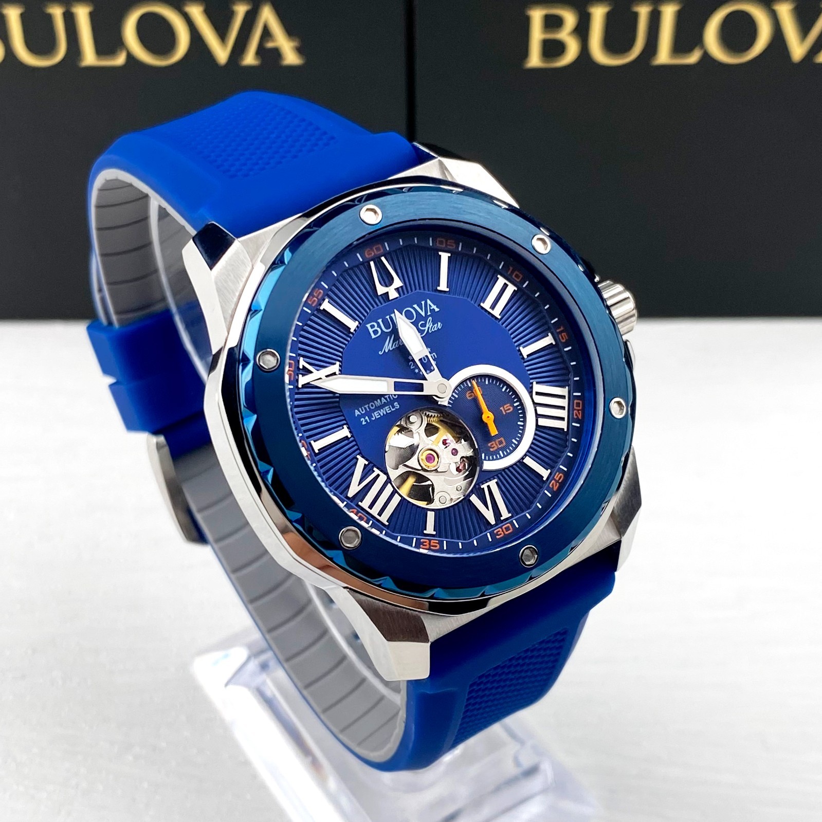 Bulova Marine Star 98A303 Men’s Watch 45MM Blue Dial Blue Rubber Strap Automatic