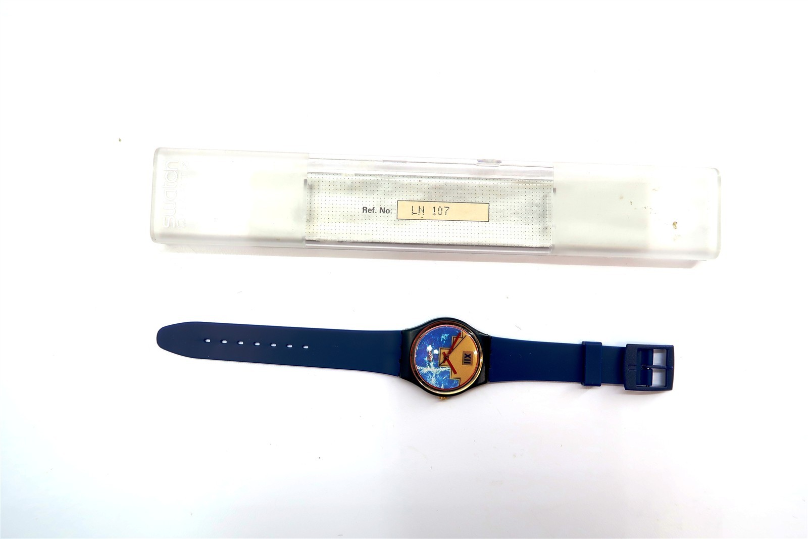 Swatch Watch BLUE FLAMINGO GN114 w/ Case and Papers 1992 Gents REPLACEMENT BAND