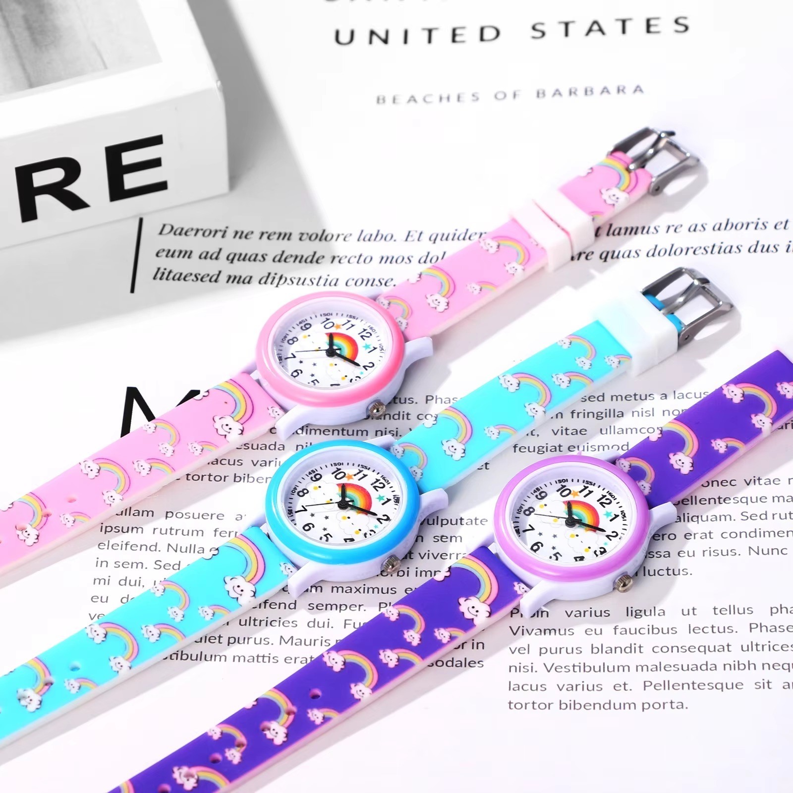 Kids Rainbow Cloud Cute Cartoon Printed Silicone Strap Quartz Watch Boys Girls