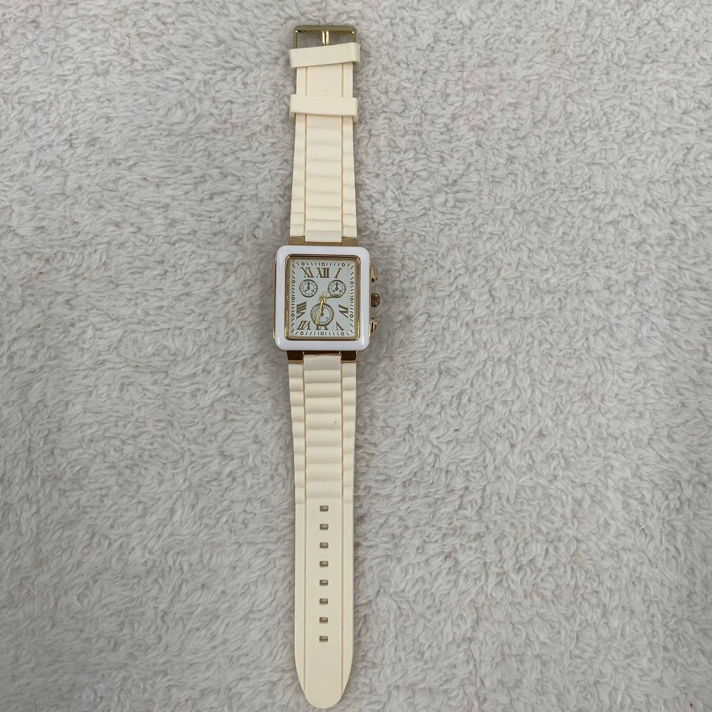 Ladies Fashion Watch Gold Tone Cream Silicone Rubber Band Analog Square