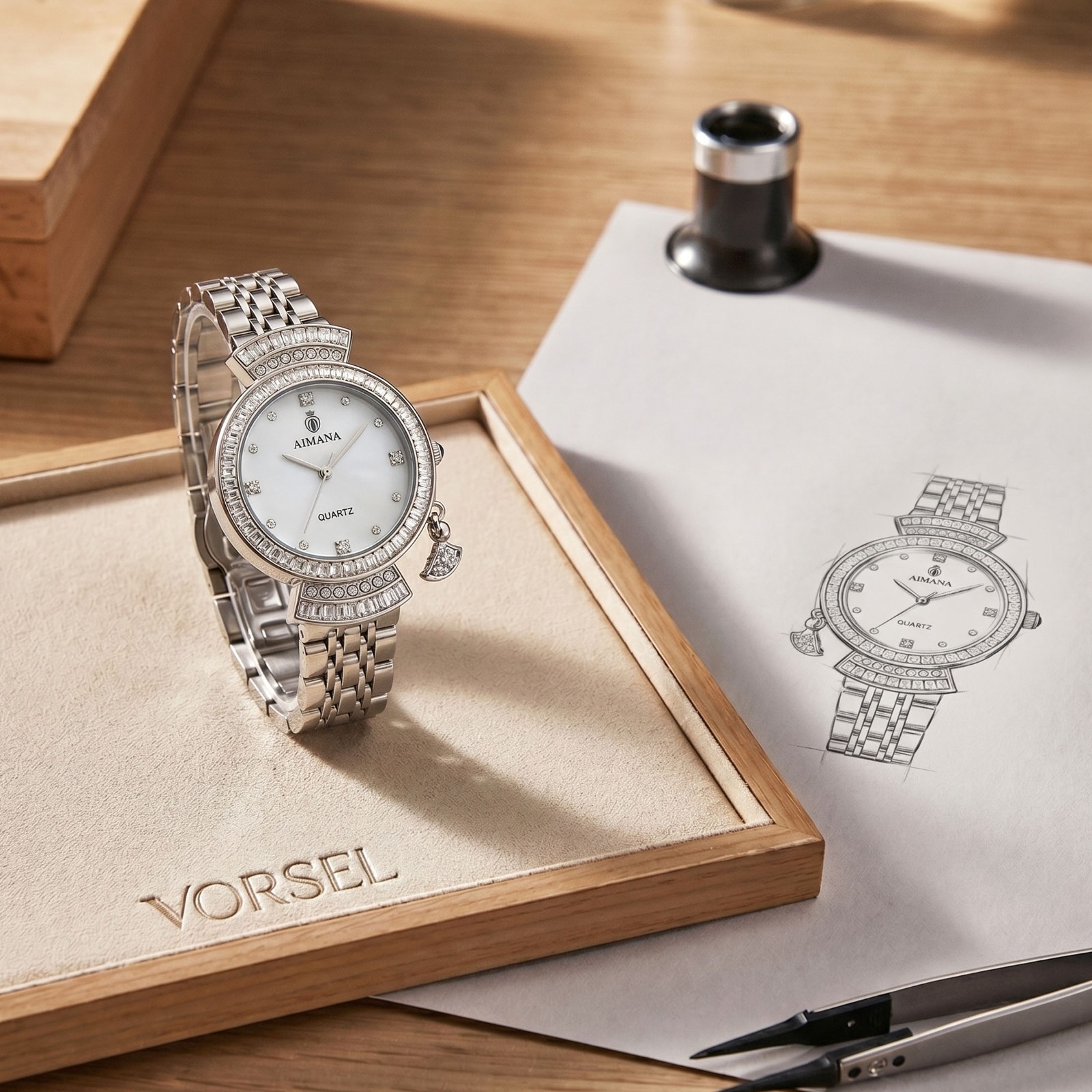 VORSEL Luxury Women’s Silver Bracelet Watch Round Rhinestone Holiday Gift