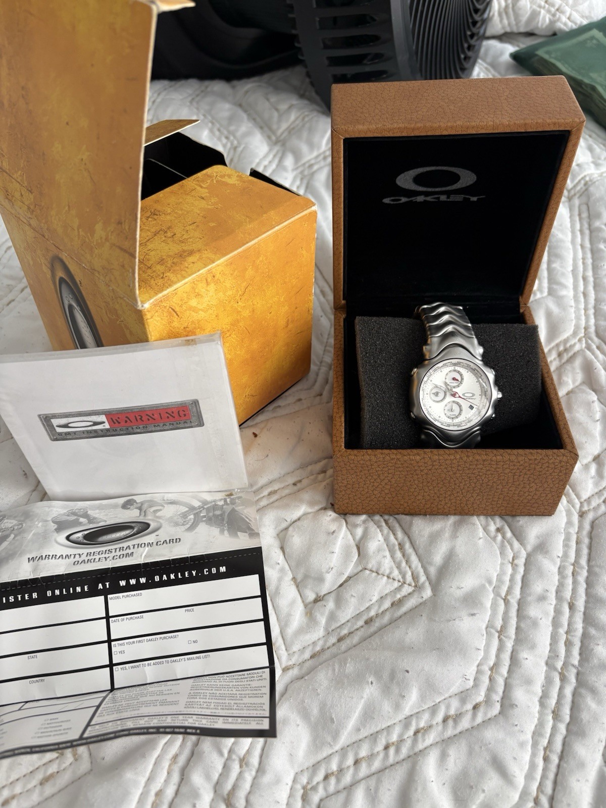 Oakley GMT Watch Sapphire Crystal White Dial Honed Stainless Steel Bracelet