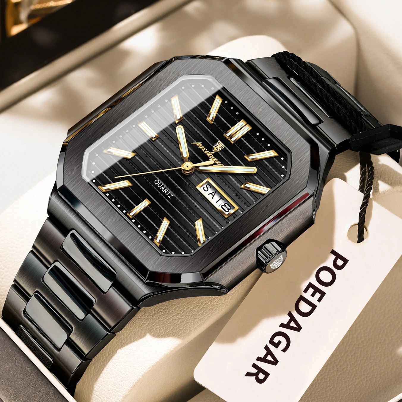 Luxury Men’s Watch Square Stainless Steel Waterproof Luminous Date Week