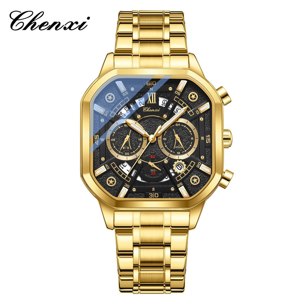 CHENXI Men Square Watch Multifunction Six-hands Luminous Boys Leather Wristwatch