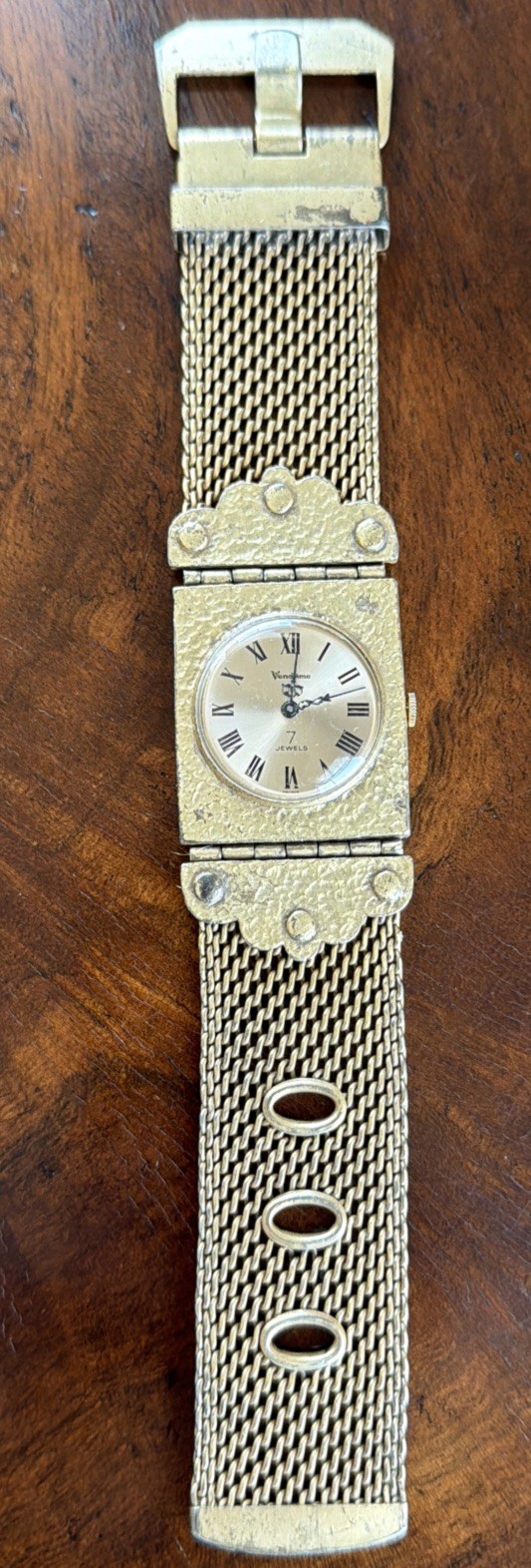 Vintage Vendome France 7 Jewel Manual Wind Gold Tone Mesh Cuff Watch