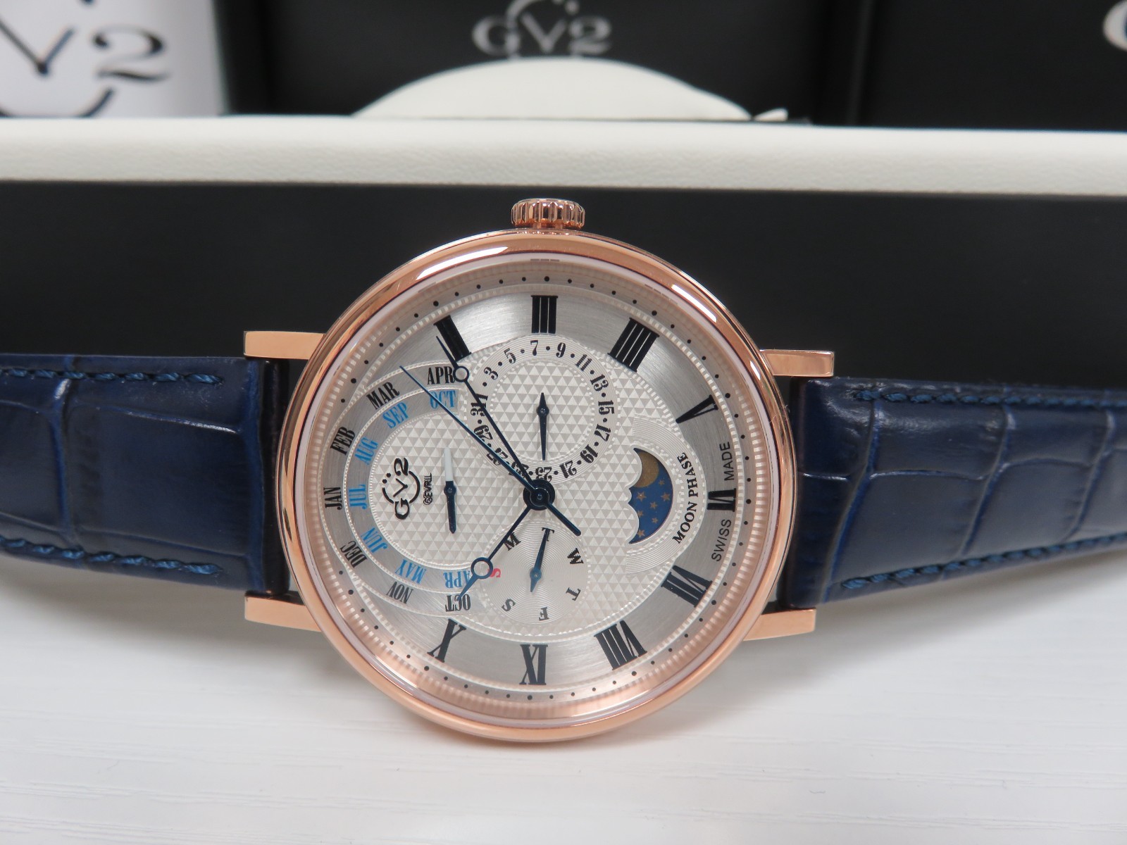 GV2 By Gevril Men’s 43603 Maestro Month Day Date Moon Phase Blue Leather Watch