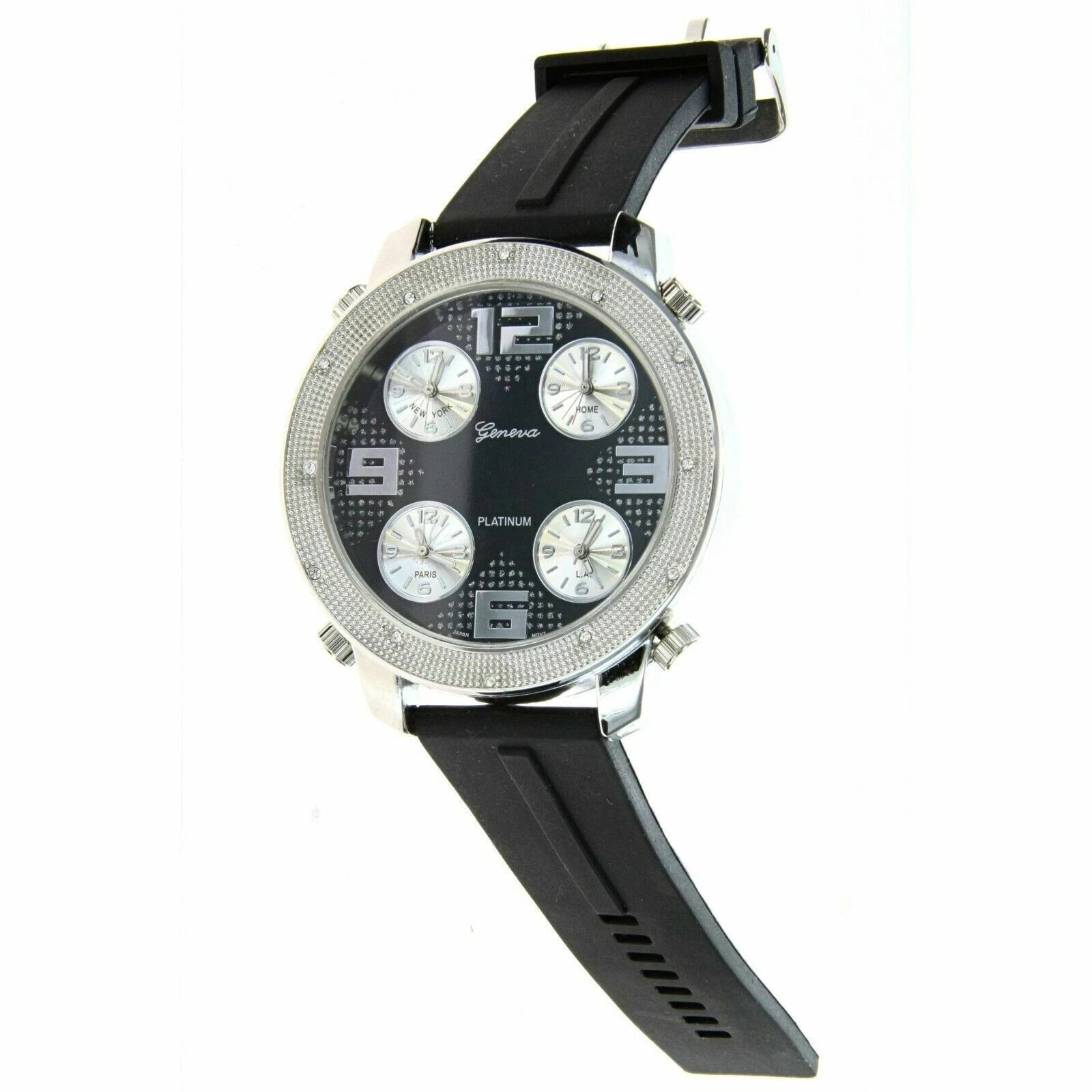 Men Hip Hop Silicone Band CZ Luxury 4 Times Zone Watch 54mm
