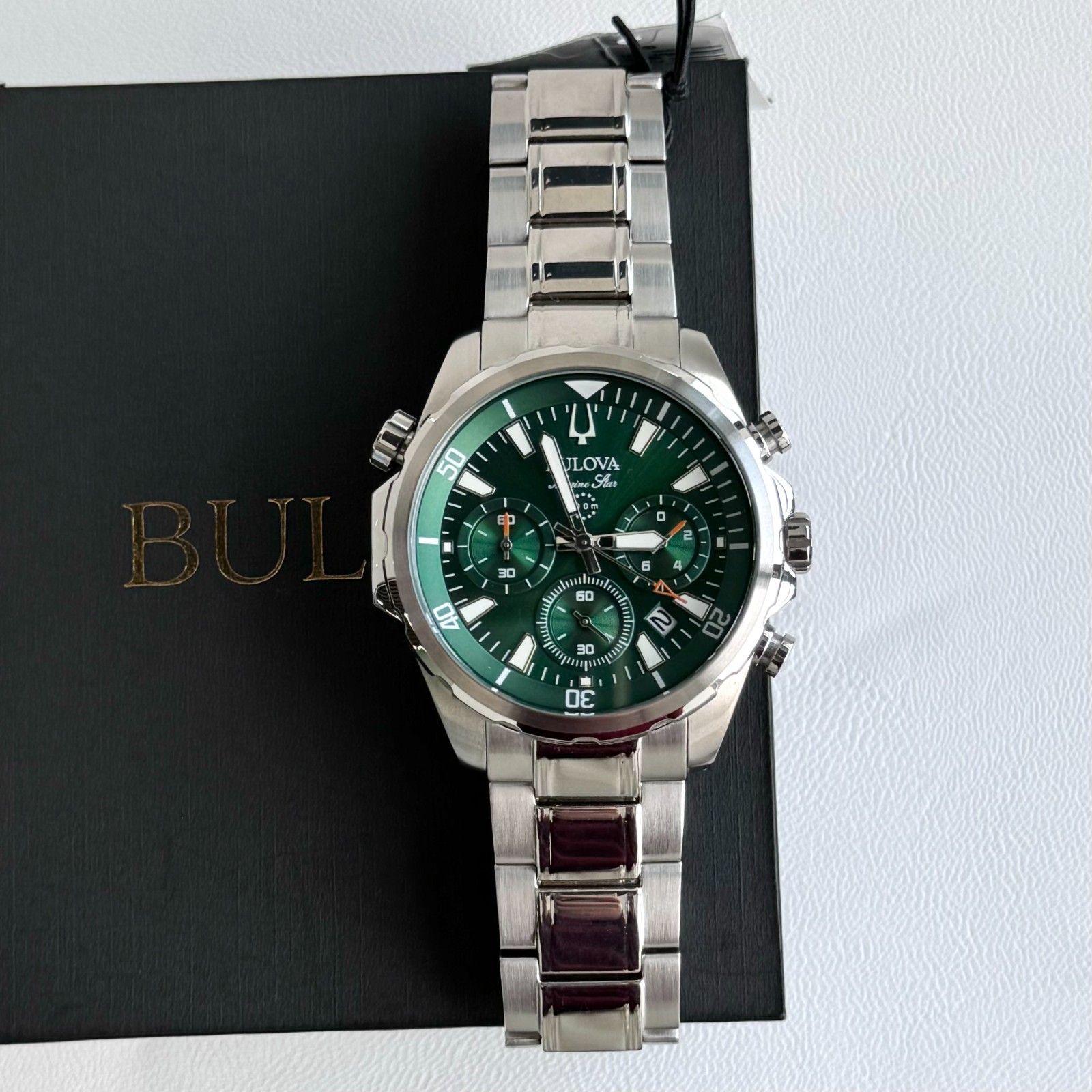 New Bulova Marine Star 96B396 Green Dial Men’s Chronograph Quartz Watch 43MM