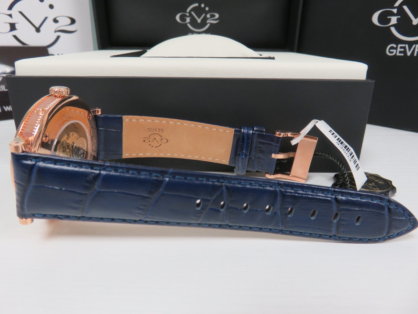 GV2 By Gevril Men’s 43603 Maestro Month Day Date Moon Phase Blue Leather Watch