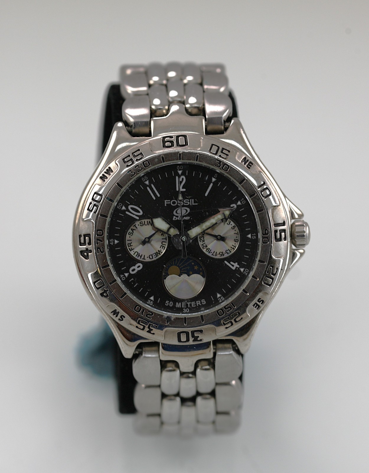 Fossil Blue Watch Men Day Date Moon Stainless St Silver 50m Battery Gray Quartz