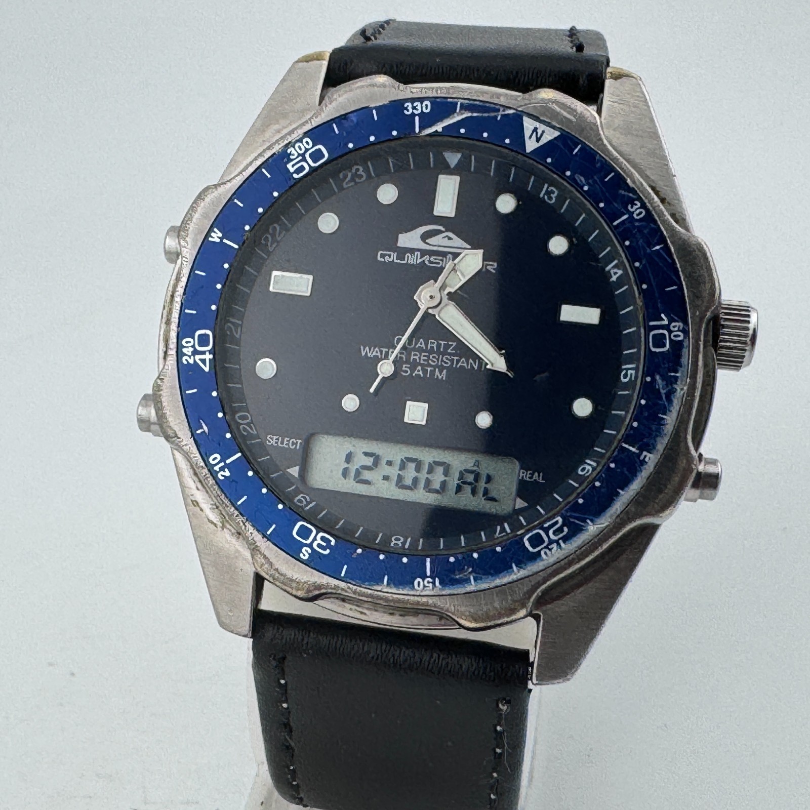 Quiksilver Analog Digital Watch Men Silver Blue Rotating Bezel Chrono New Batter