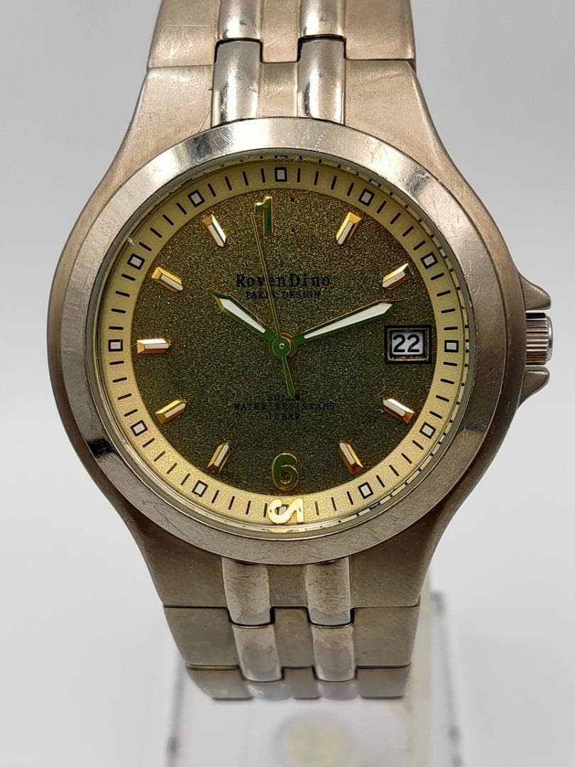 RoverDino Solar Date Gold-Tone Bracelet Men Watch for Parts restoration