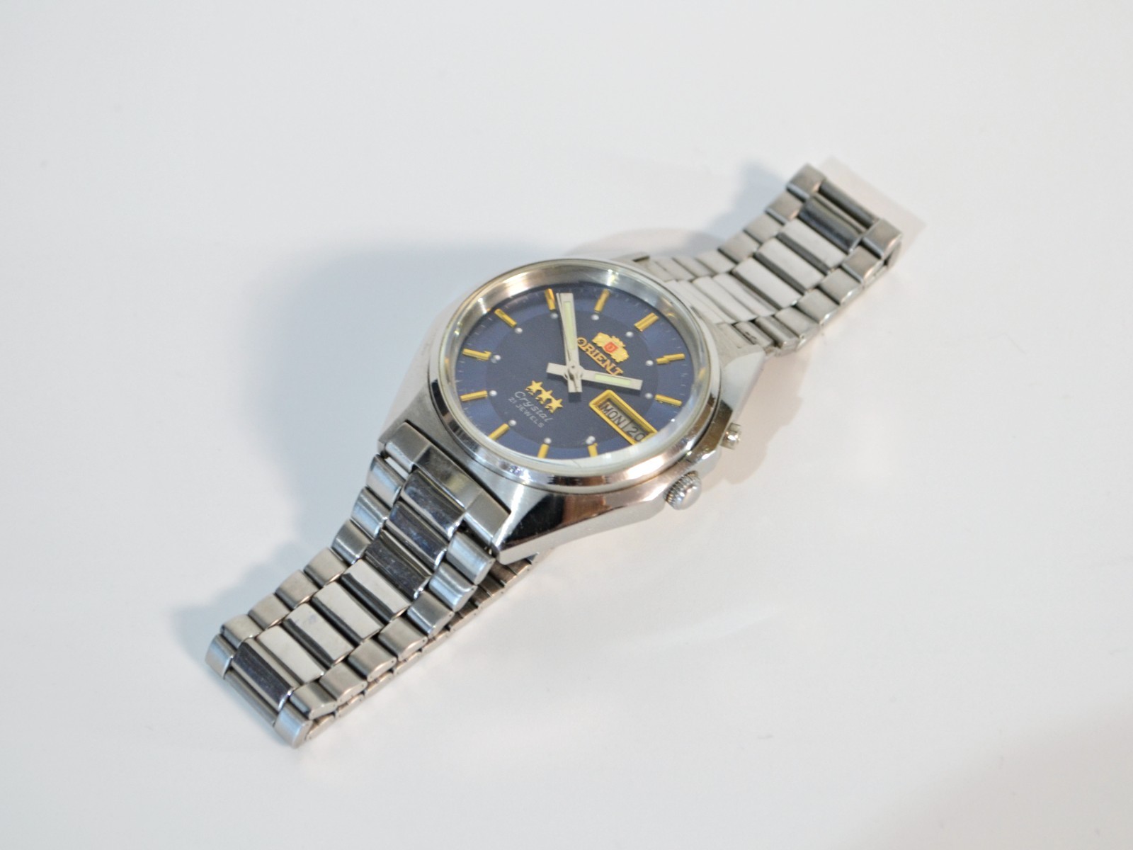 Vintage Orient 3 Star Automatic Watch Day Date Blue Dial 21 Jewels Japan