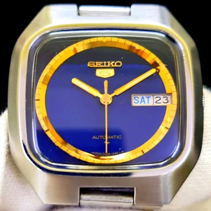 Vintage Seiko 5 Automatic Watch 7009-5220 TV Dial Blue & Gold Japan Serviced Men