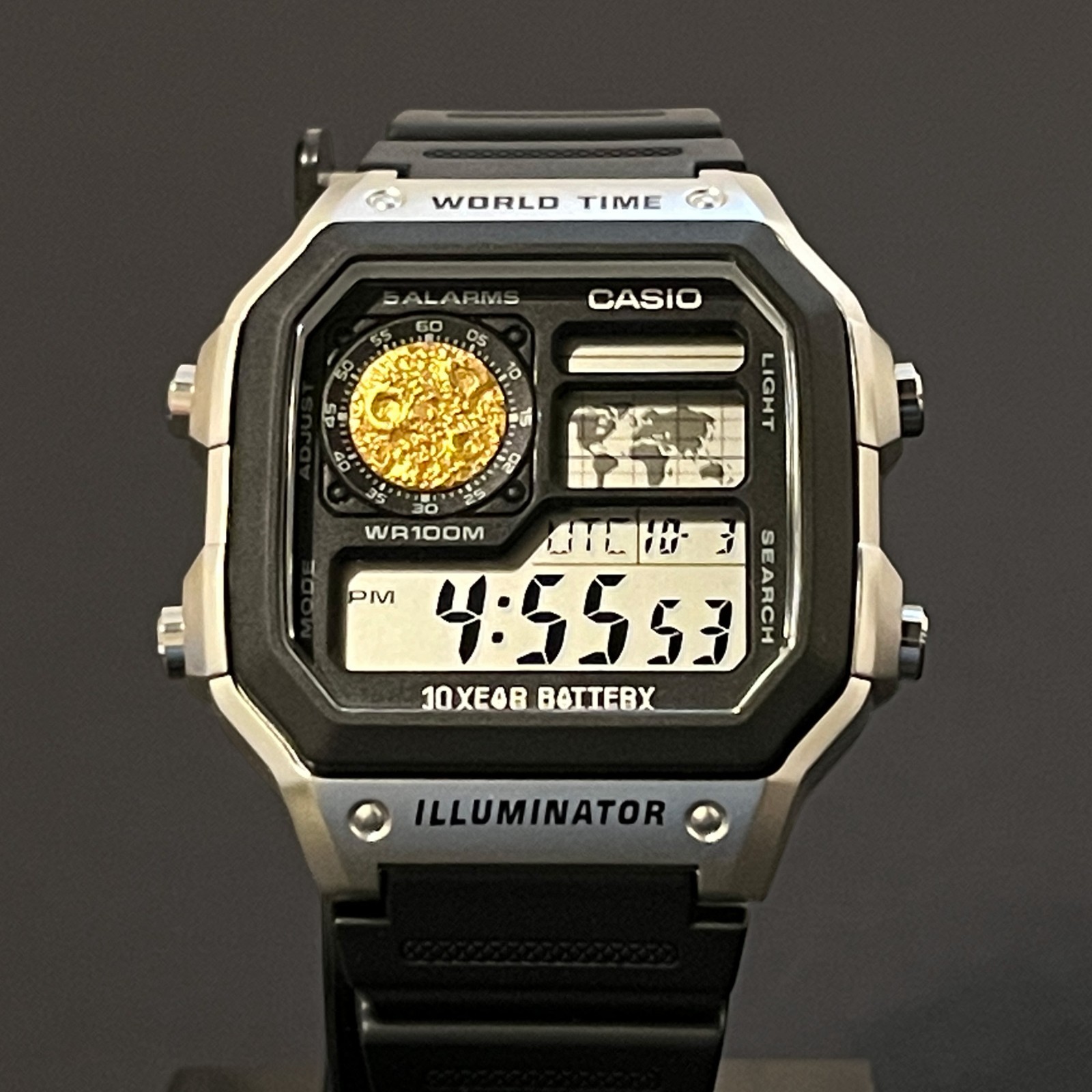 Casio AE1200 Royale 24K Gold Leaf Moon Sculpture Handmade Mod Watch Silver Case