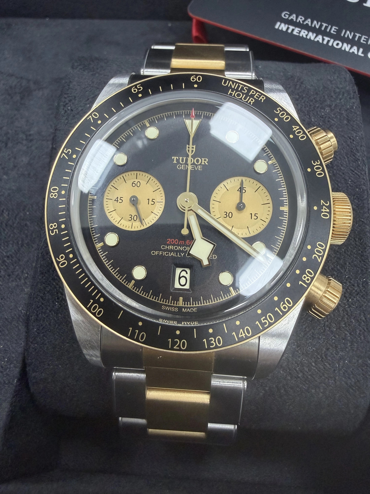 Tudor Black Bay Chrono S&G Black With Gold Subs Dial on Brown Leather