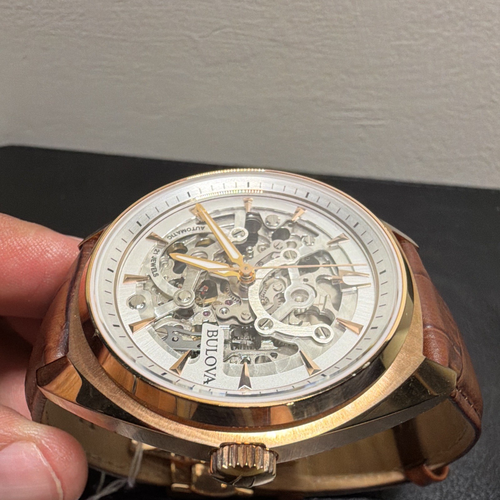 Bulova 97A175 Automatic Skeleton Dial Gold Tone Case 41mm Brown Leather 30m