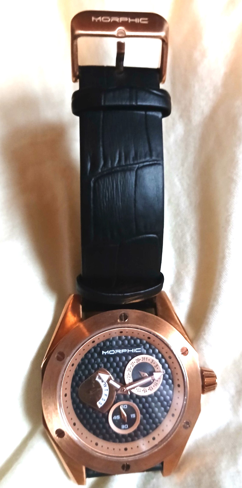 Morphic M46 Series Leather-Band Men’s Watch – Black/Rose Gold