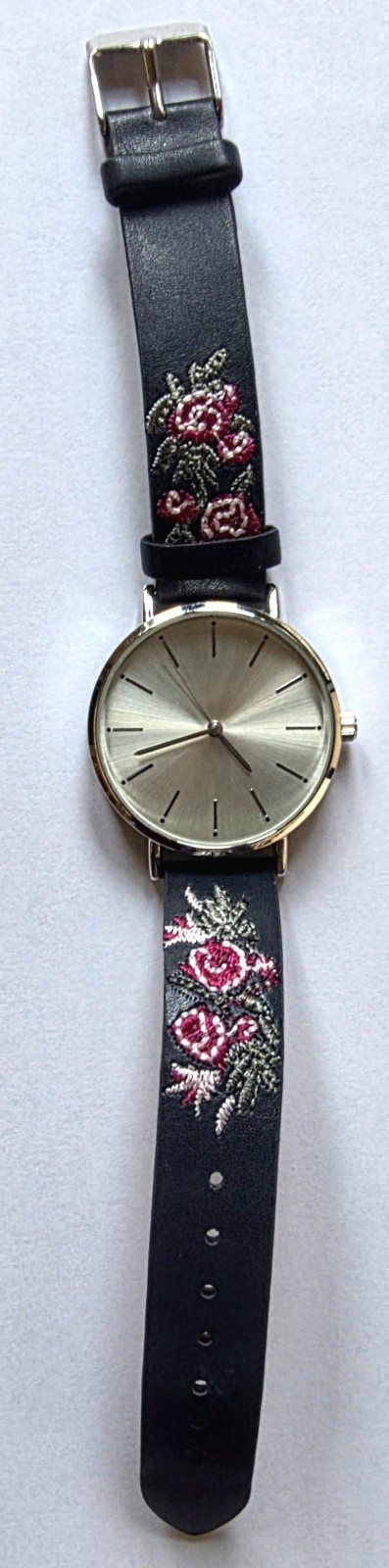 Silver-Tone Dial Round Case 36mm Dark Blue Flower Embroidered Band Woman’s Watch