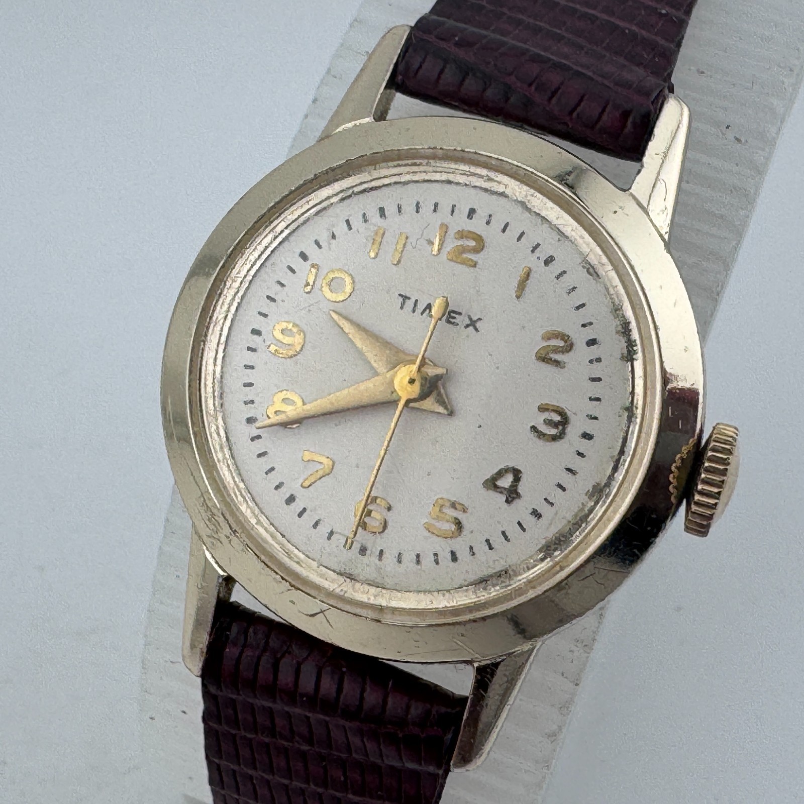Early VTG Timex Hand-Winding Mechanical Watch Women Gold Tone Aluminum Leather