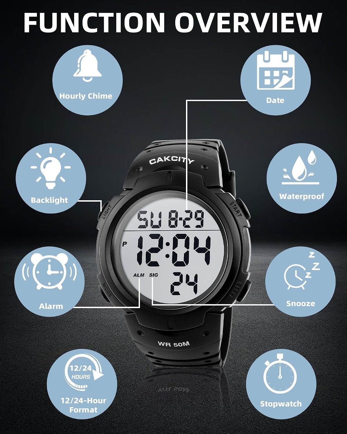 Men’s Active Digital Watch – 50mm Face, EL Backlight & Waterproof for Outdoors