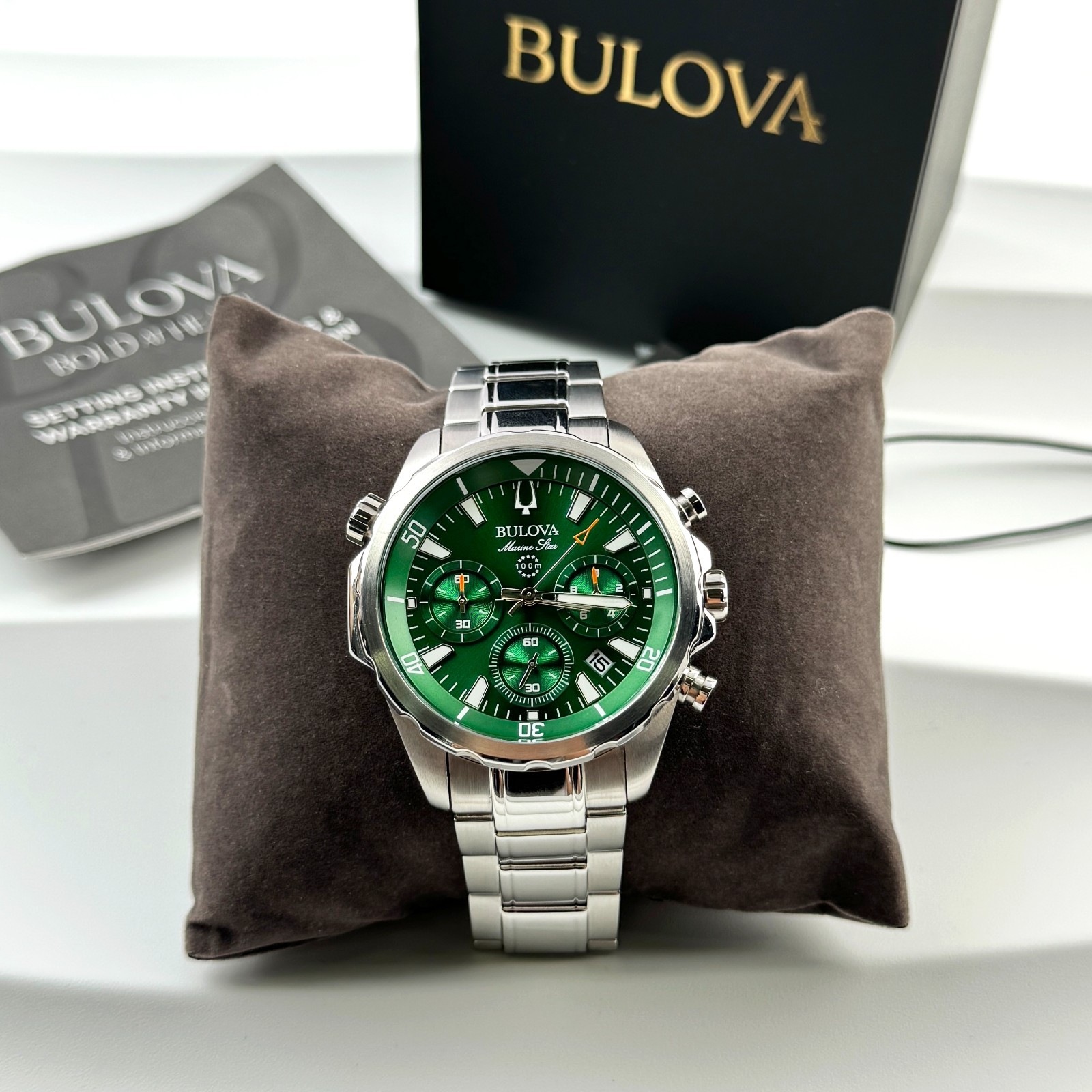 Bulova Men’s New 96B396 Marine Star Chronograph Watch Green Dial 43mm