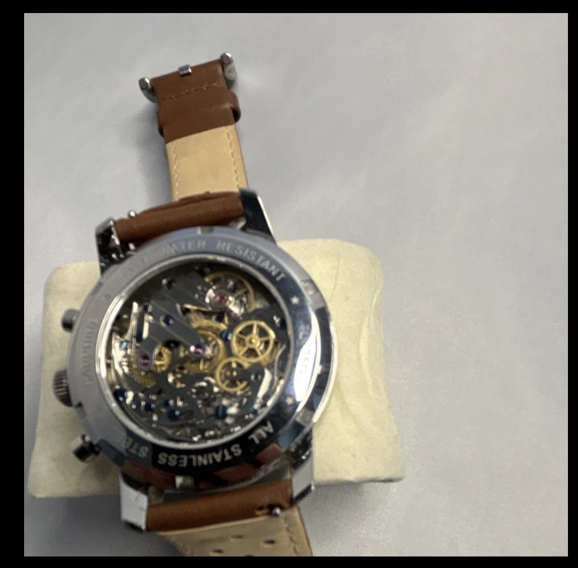 TOPHILL Men’s Mechanical Chronograph 40mm Steel Watch Brown Leather Beige Dial